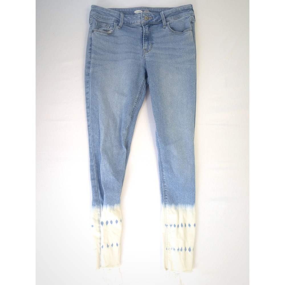 Old Navy Rockstar Super Skinny Jeans Women 6 Mid Rise Ankle Dip Dye Raw Hem Blue